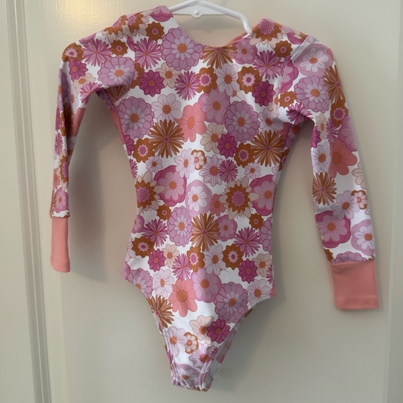Floral Pink and Orange Kids Swim Long Sleeved One Piece